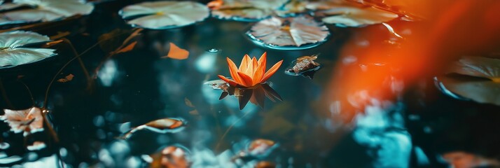 A vibrant lotus flower floats peacefully on a tranquil pond, surrounded by lilypads, symbolizing beauty and calm.