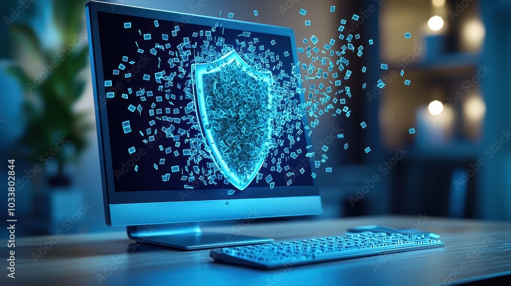 Aufkleber a glowing digital shield icon emerging from a modern computer screen, symbolizing cybersecurity and 