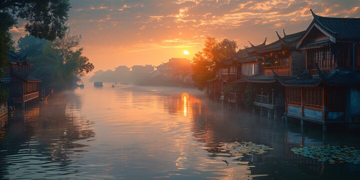 Beautiful traditional Jiangnan landscape illustration featuring Suzhou under misty rain, reflecting ancient Chinese culture and serene water town vibes. A picturesque scene of bridges, canals, and cla