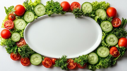 Fresh vegetables including tomatoes and cucumbers arranged around a blank plate for healthy cooking or dining visuals.