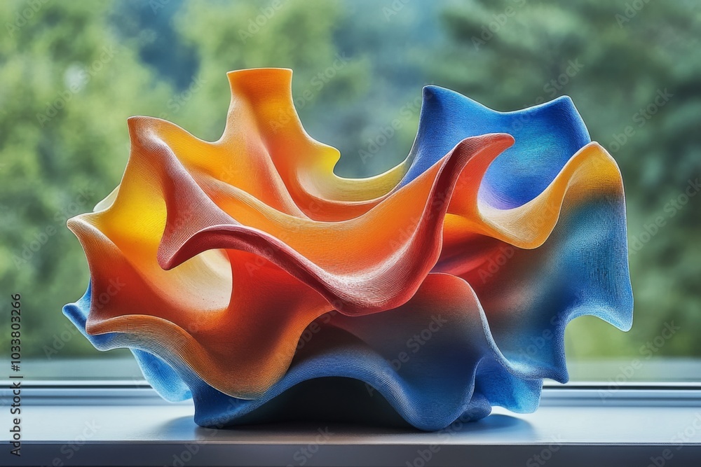 Poster colorful sculpture on window sill with vibrant and dynamic wave-like pattern, featuring orange, red,