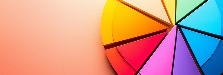 Fototapeta premium A rainbow pie chart illustration with slices spread, on a soft, gradient peach background, visually dynamic and bright.