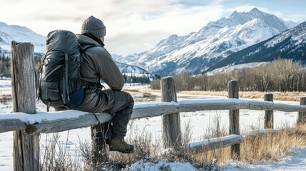 A solitary hiker rests on a wooden fence, gazing at snow-capped mountains in a tranquil winter landscape at sunset