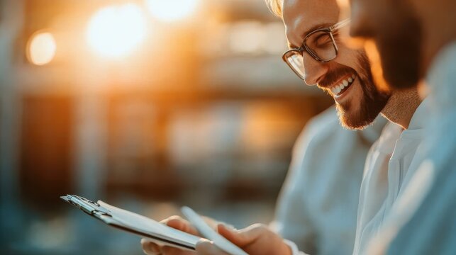 A researcher, wearing glasses and dressed professionally, reviews data on a clipboard as the sun sets in the background, symbolizing focus and inquiry in a serene setting.
