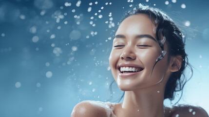 Fototapeta premium Radiant Beauty: Joyful Woman Embracing Refreshing Water Splash