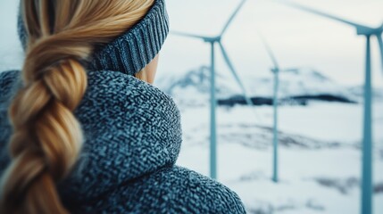 A woman in a gray knit sweater and headband faces tall wind turbines amidst a snow-covered hilly landscape, representing resilience and sustainability.