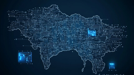 Contour map of Cambodia designed with a technological electronics circuit pattern.




