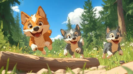 Fototapeta premium The wolf pup races with its friends through a meadow, jumping over logs and weaving between trees in a playful game of tag, in cartoon style