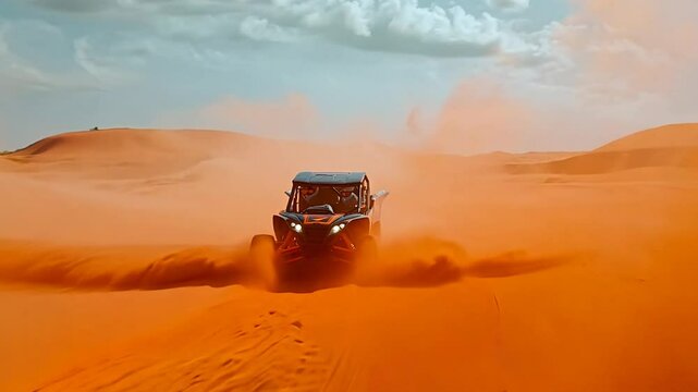 Feel the rush as a powerful buggy navigates the stunning red sands of a vast desert. Witness the excitement of off-roading in this majestic and fiery landscape filled with adventure.
