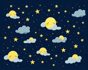 Seamless pattern using dots stars and moon, cartoon illustration, flat 2d, minimalistic vector