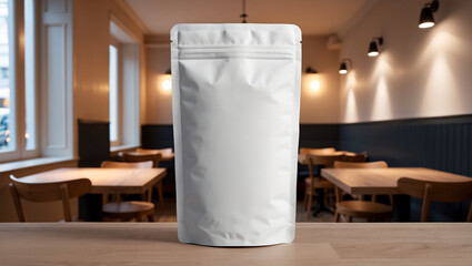 A white stand-up pouch with a matte finish is displayed on a wooden table in a coffee shop setting. A cup of coffee and coffee beans are also visible.