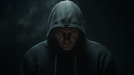 A solitary figure in a dark hoodie stares intently in a dimly lit space, surrounded by a misty atmosphere at night