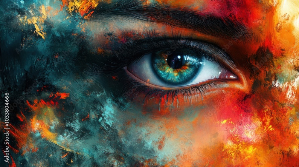Poster a mesmerizing close-up of a human eye adorned with fiery and colorful abstract patterns during an ar