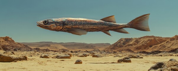 Large fish is magically floating over a dry barren landscape. The fish appears to be metallic and reflects the sun in its scales