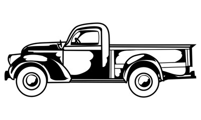 black and white farm truck with separate white background