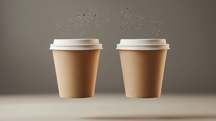 Two disposable coffee cups with steam rising, set against a minimalistic background, perfect for beverage-related themes.