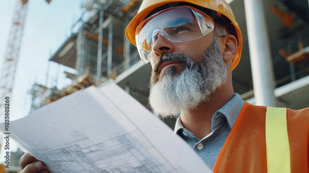 Poster close-up of an engineer with safety goggles, reviewing blueprints while standing on-site with cranes