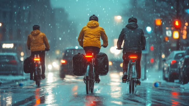 Cyclists navigating a snowy urban street at night, illuminated by traffic lights and city glow