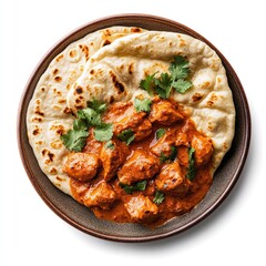 Top view of a ceramic plate with butter chicken and naan bread isolated on white background