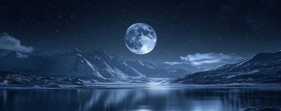 Serene night landscape with full moon rising over snow-covered mountains, starry sky, and calm water reflection.