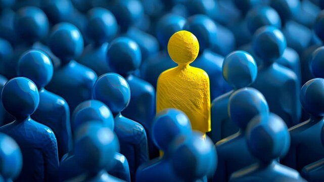 Stand Out from the Crowd - Yellow Figure Amidst Blue Group - Unique and Different, Individuality Concept
