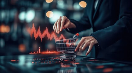 Business professional analyzing data trends while interacting with a shopping cart in a modern workspace environment