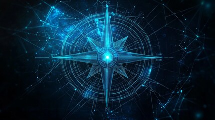 Digital illustration of compass rose with interconnected lines and dots, in blue and white colors on black background.