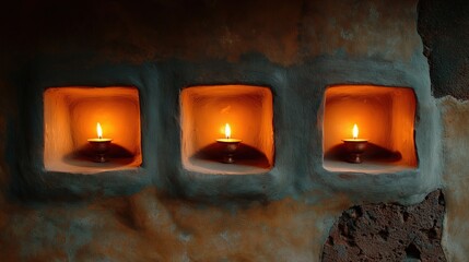 Happy Diwali, a wall with holes with Diwali lamps in them on a wall background