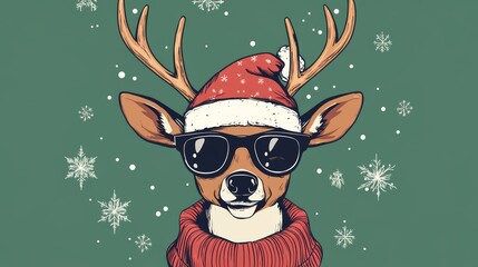 Cool Reindeer in Santa Hat and Sunglasses