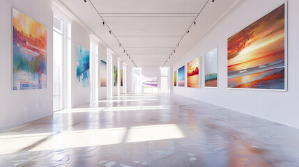 Fototapeta premium Gallery with beautiful paintings display no people on white walls, Studio apartment modern and isolated wallpaper