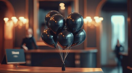 Black balloons at the reception of a luxury hotel, Black Friday special offer for hotel services and stay
