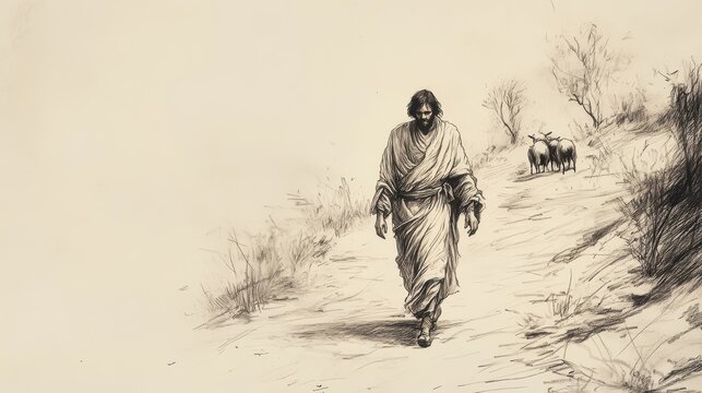 Parable of the Prodigal Son   Weary wanderer dressed in tattered clothes walks slowly up the road his face weary and repentant towards his father s house seeking forgiveness and redemption
