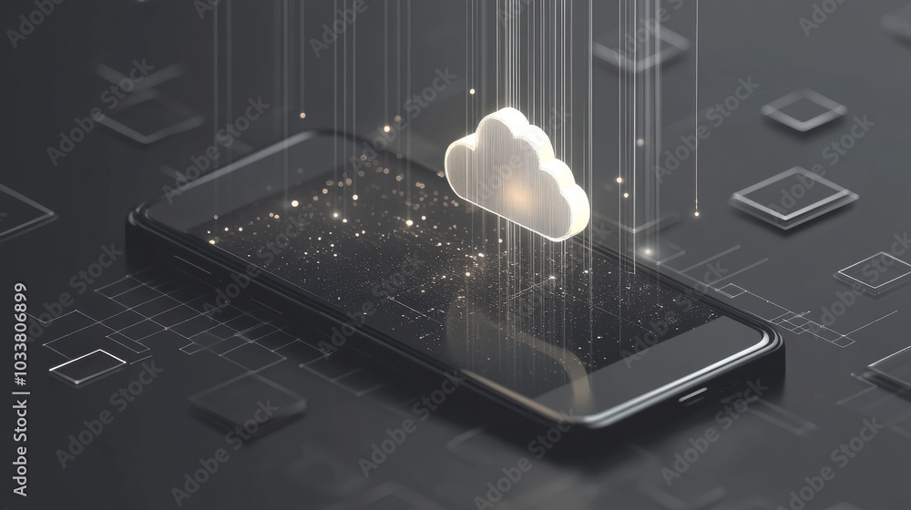 Poster illustrate a smartphone with a glowing screen displaying a 3d isometric simulation of digital techno