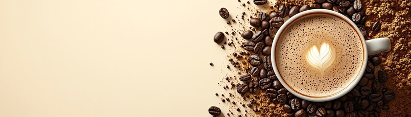 A cozy cup of coffee surrounded by aromatic coffee beans, perfect for coffee lovers and promotional materials.
