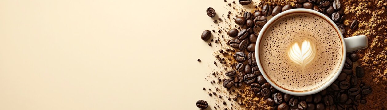 A cozy cup of coffee surrounded by aromatic coffee beans, perfect for coffee lovers and promotional materials.