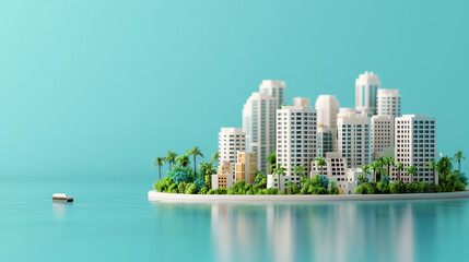 A miniature cityscape model on a serene island, featuring modern buildings surrounded by palm trees and a calm sea.