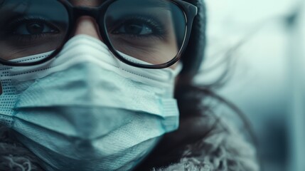 A close-up of a woman with glasses and a medical mask, bundled in winter attire, reflecting caution and warmth, set against a blurred background for emphasis.