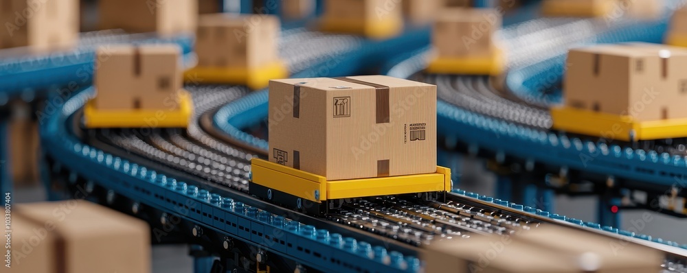 Poster close-up of conveyor belt systems transporting boxes through a tech-driven warehouse, logistics auto