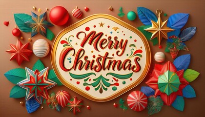 Merry Christmas greeting card in decorative script, surrounded by vibrant christmas decorations like stars, baubles, and leaves in colors such as red, green, blue, and gold