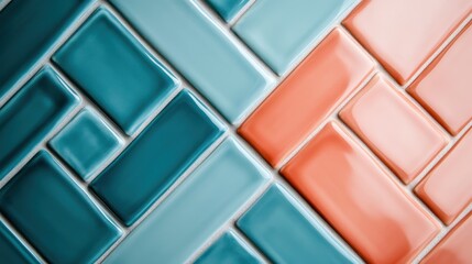 A detailed arrangement of geometric teal and peach tiles draws attention with their glossy finish, adding a modern artistic flair to home interior design.