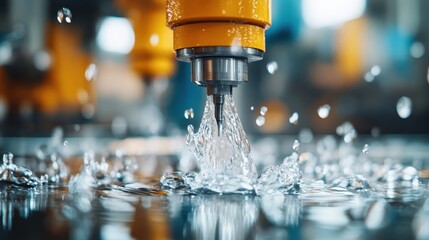 A dynamic water splash in an industrial setting highlights the precision of machinery in action, showcasing the importance of water in machine cooling processes.