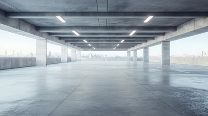 Obraz premium An empty concrete floor designed for a car park, set against a 3D rendering of an abstract building with mountains and a blue sky in the background.