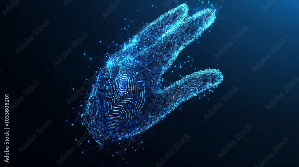Poster a polygonal hologram of a hand with a fingerprint scanning circuit, representing a futuristic mobile