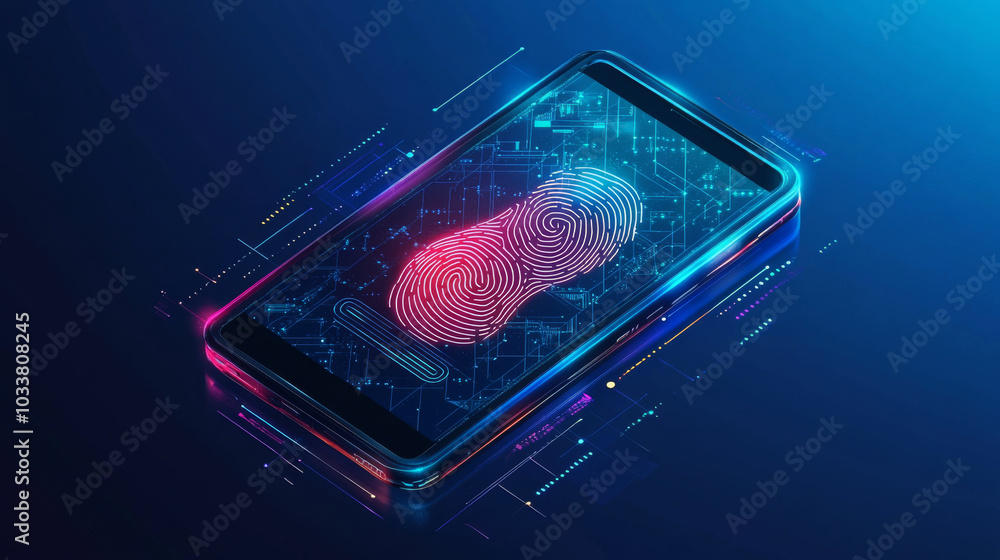 Poster a polygonal hologram of a hand with a fingerprint scanning circuit, representing a futuristic mobile