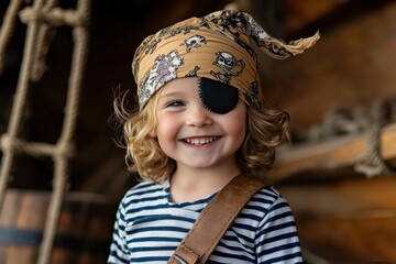 A cheerful child is dressed in a pirate costume, complete with a skull-patterned bandana and eyepatch, beaming a bright smile on a ship-themed background.