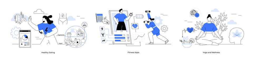 Three panels showcase concepts of a healthy lifestyle including balanced eating, fitness apps, and yoga for wellness. Ideal for health, fitness, nutrition, wellness, mindfulness, and self-care