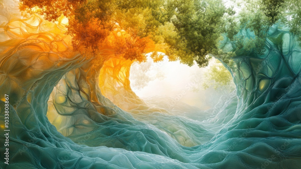 Poster a surreal journey through a vibrant forest of intertwining colors and textures at golden hour