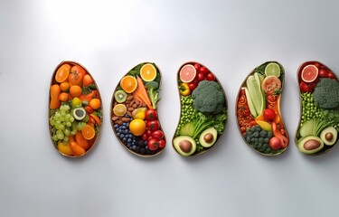 Five bowls of fruit and vegetables are arranged in a row on a white surface.