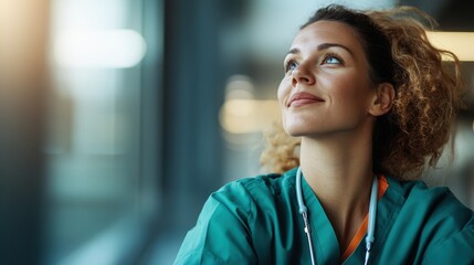 An optimistic doctor with curly hair gazes upwards with a happy expression, sitting near a window in a hospital setting, symbolizing hope and positive outlook in healthcare.