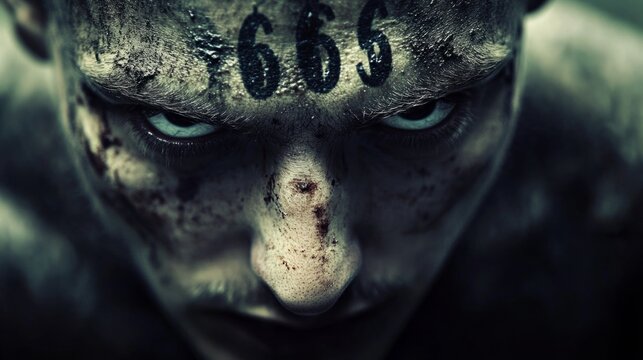 A man with the mark of the beast on his forehead. 666 the number of the beast. Biblical prophecy where no man or woman can buy or sell if they don't have the mark of the beast embedded in the forehead